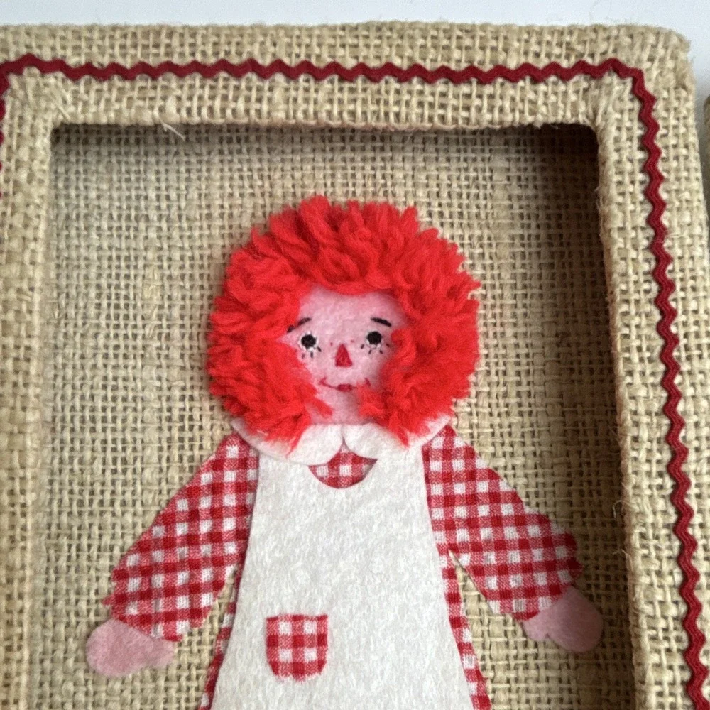 Vintage Raggedy Ann & Andy Burlap  5x7 Gingham set wall art nursery, collectible